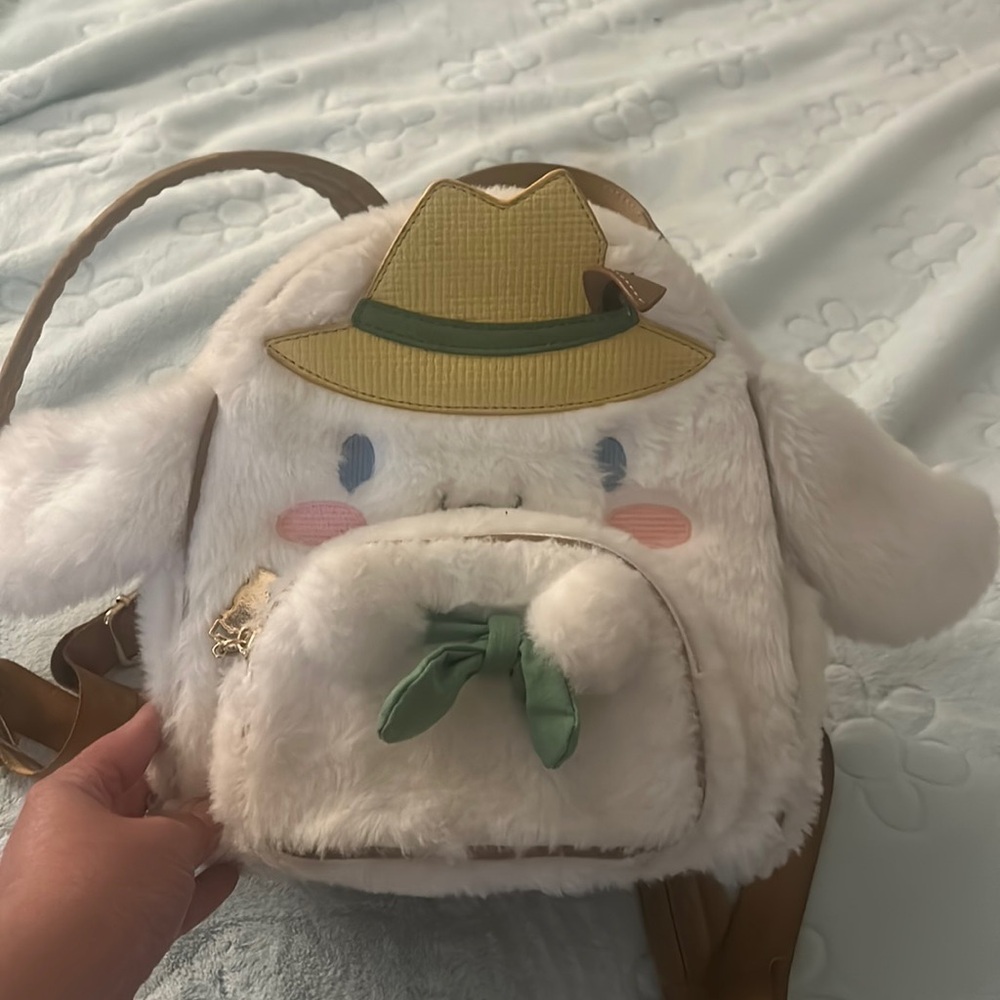 Loungefly Cream Plush Character Backpack with Yellow Hat and Green Bow